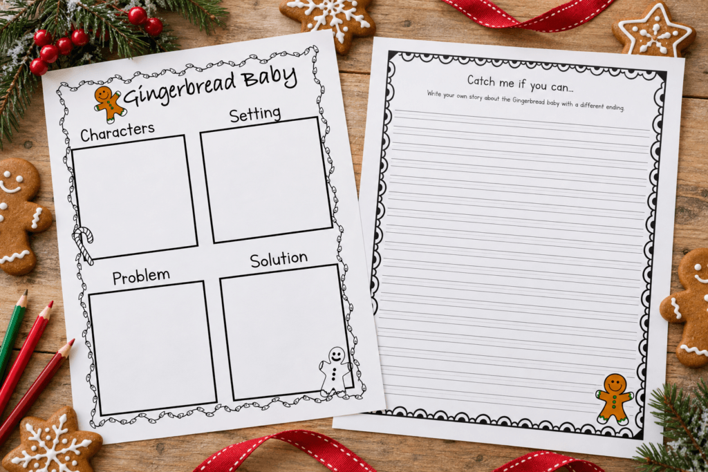 Gingerbread baby story elements worksheet and Catch me if you can story paper