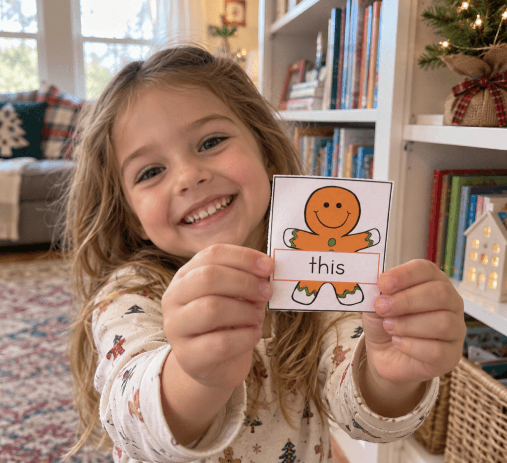 Girl holding one of the sight words for the Gingerbread baby sight word hunt game