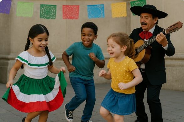 children dancing to a mariachi band
