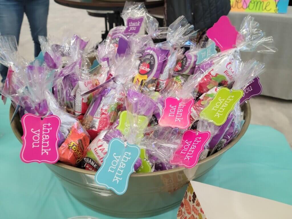 A basket of treats with a tag that says Thank you for Teacher Appreciation